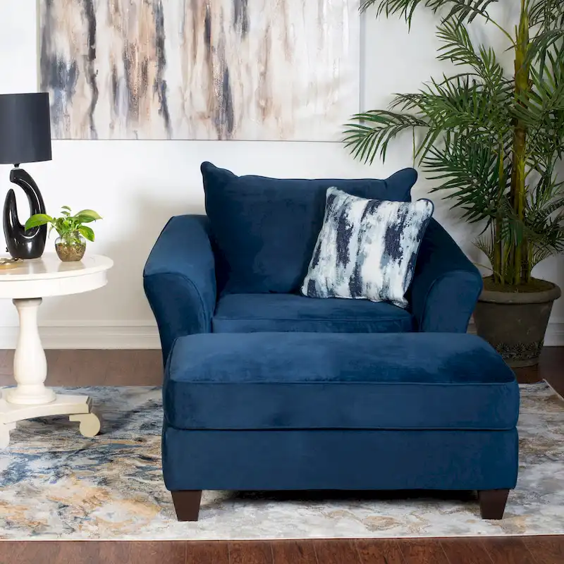 Roundhill Furniture Camero Fabric Pillowback Navy Blue Chair/Ottoman Set