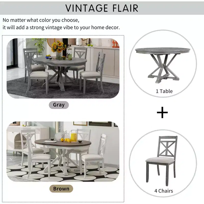 Whisen 5-Piece Extendable Wood Dining Table Set with 4-Upholstered Chairs