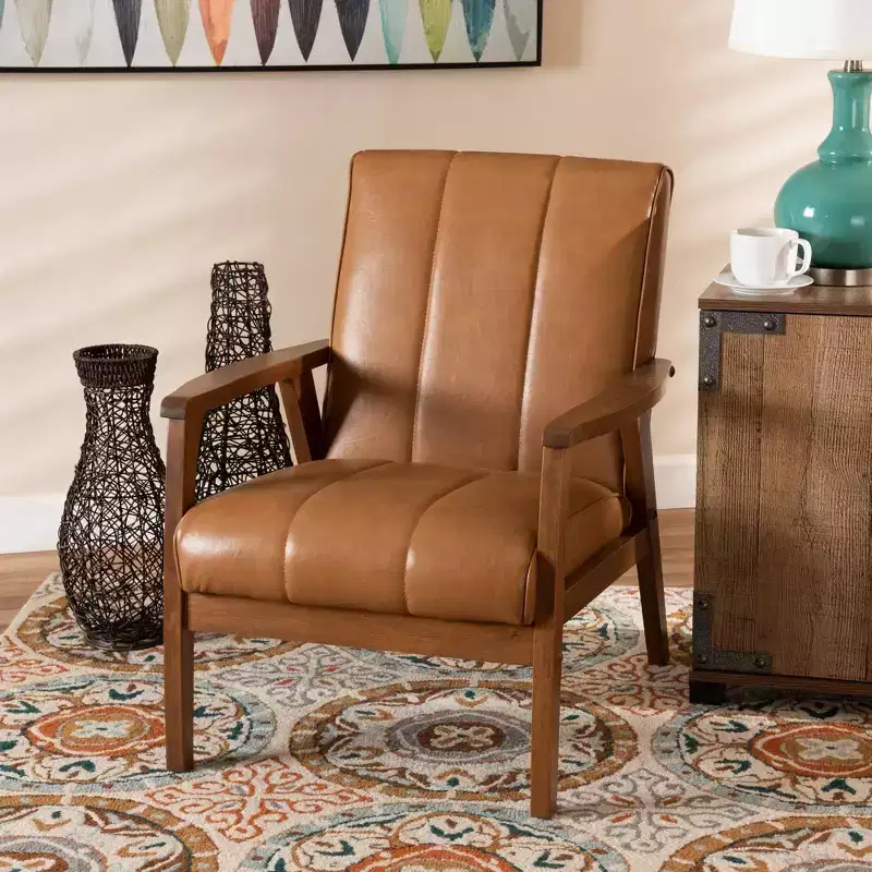 Mid-Century Faux Leather Upholstered Wood Lounge Chair Walnut/Brown Armless, Rubberwood Frame, Classic Pattern