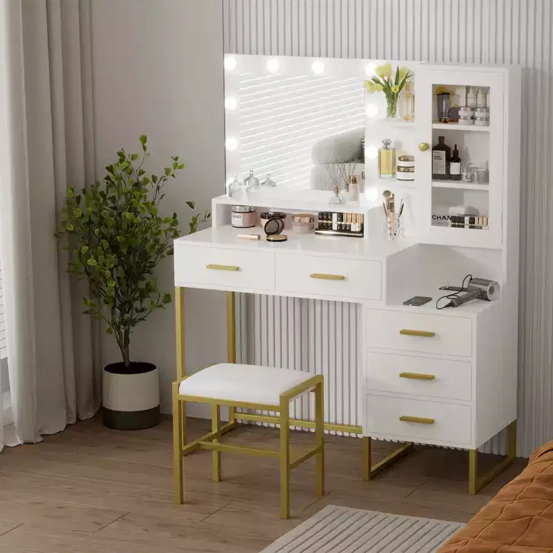 Makeup Vanity with Stool Charging Station, Vanity Desk with Mirror and Lights, Vanity Table Set with Storage Drawers Shelves, Makeup Dressing Table