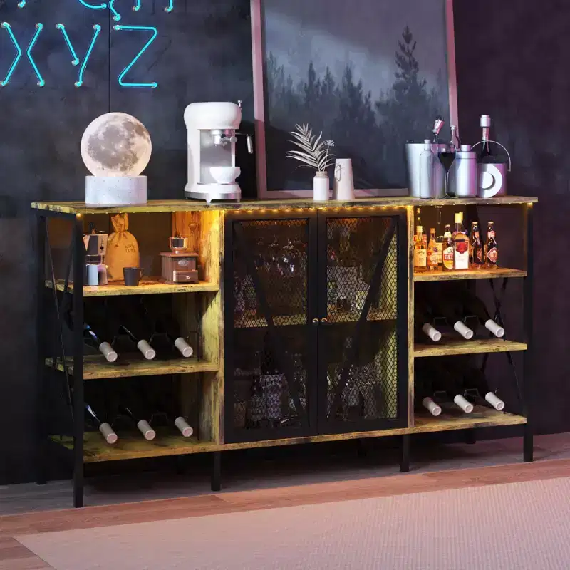 Farmhouse Wine Bar Cabinet, Industrial Coffee Bar Sideboard with Wine Rack and Glass Holder