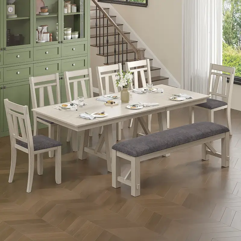 VECELO Dining Table Set with Bench, Solid Wood Rectangular Extendable Dining Table & Solid Wood Dining Chairs