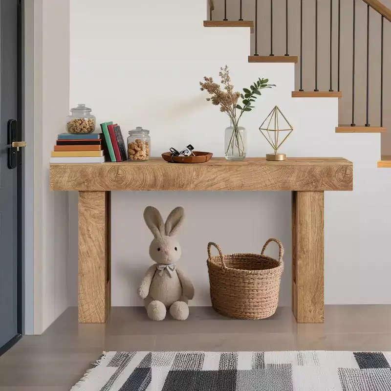 63 Rustic Farmhouse Console Table  Knife Cut Wood Grain Open Shelf Sofa Table (for Living Room/Entryway/Hallway)