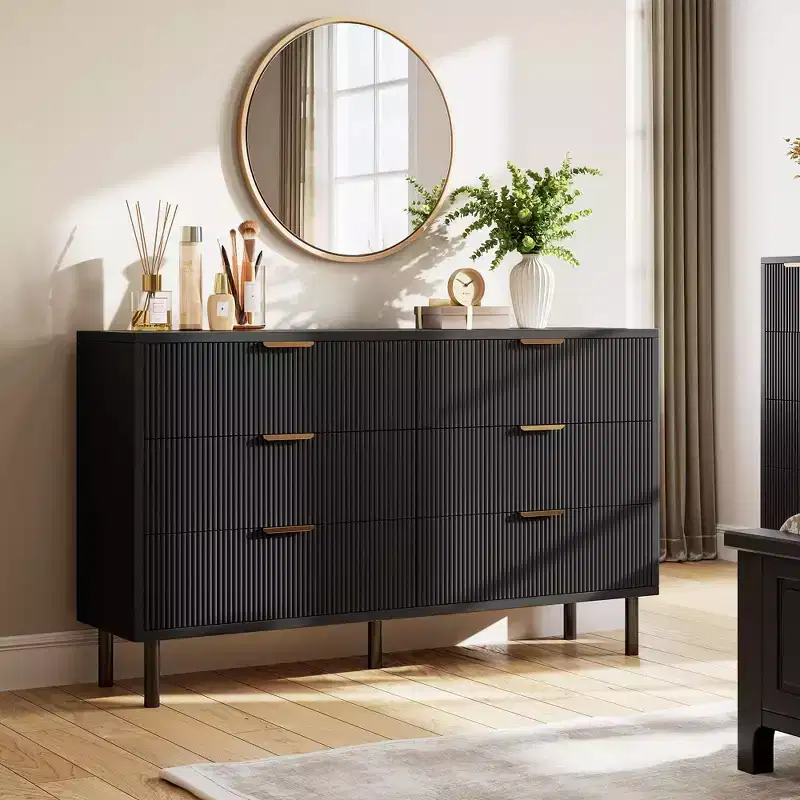 Wave Fluted Dresser with Anti-Tipping Device, Large Wood Nightstand with Storage and Metal Legs