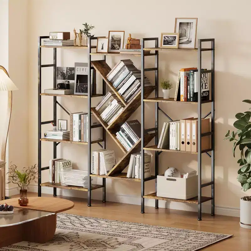 Triple Wide 5-Tier Bookshelf with Open Shelves and Steel Frame