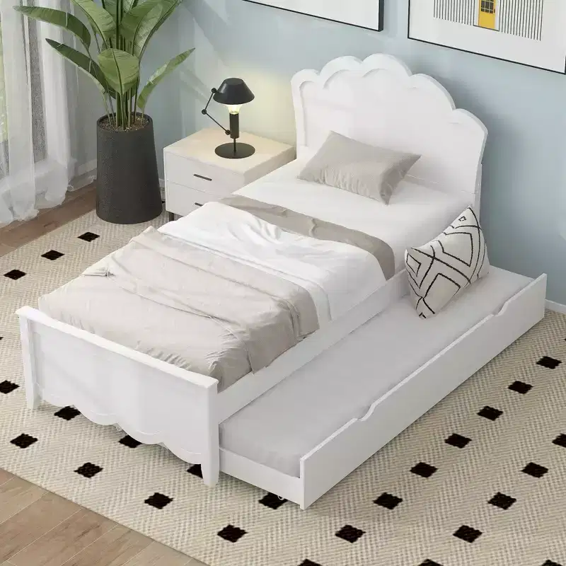 Bed Frame with Trundle, Wood Platform Bed with Headboard, Wood Trundle Bed Frame for Bedroom, White