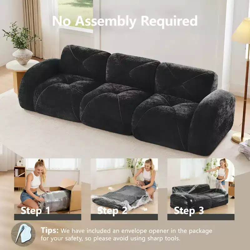 Clihome 110Boneless Sofa With Tufted,Soft Velvet Fabric,Modular Sectional Sofa,32D High Density Sponge,Anti-Slip Design,Ergonomic Design Bottom