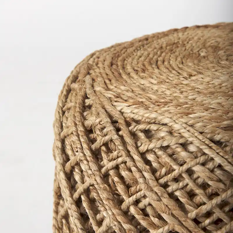 Handwoven Brown Wool Round Pouf with Diamond Weave Pattern