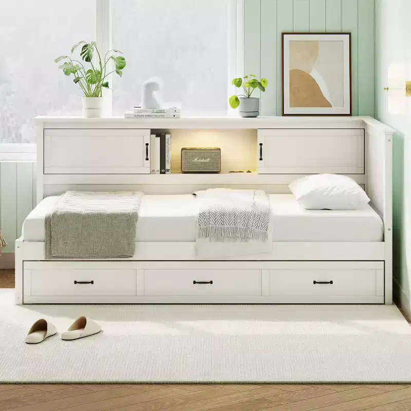 Twin/Full Size L-Shaped Daybed Captain Bed with Drawers, Bookcase, Led Downlight, AC Outlets and USB Ports, White