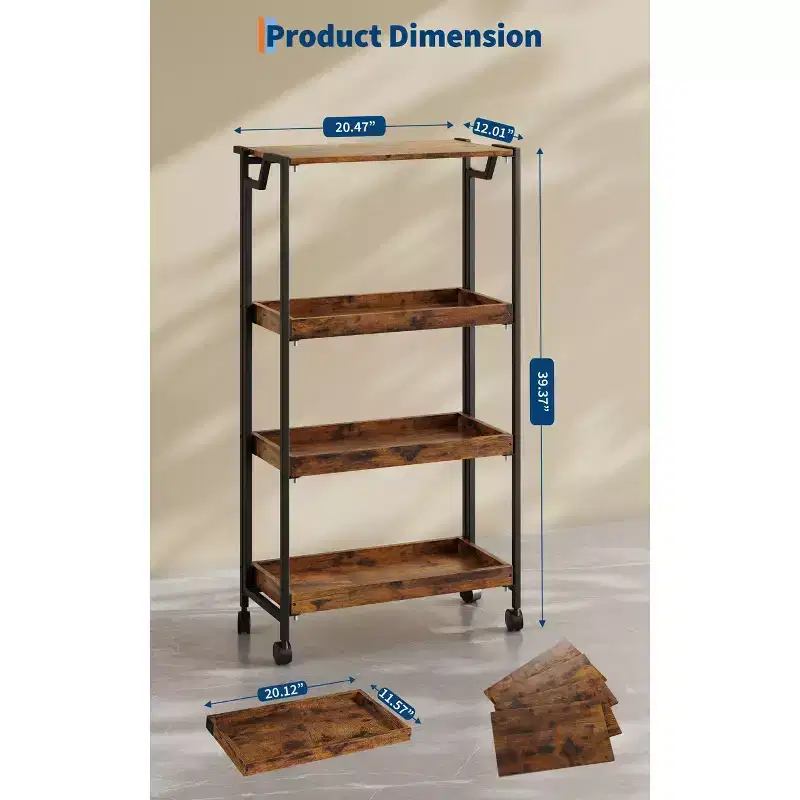 4-Tier Wooden Folding Storage Cart with Locking Wheels - Heavy Duty Kitchen Garage Organizer Shelf - Brown