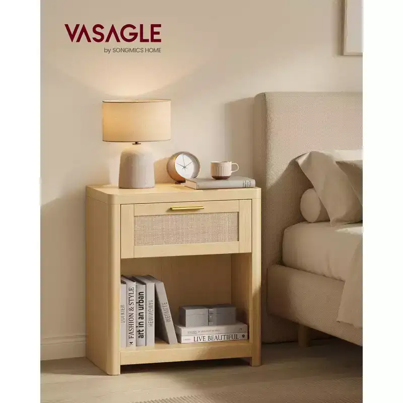 Boho Nightstands with Rattan-Look Drawer, End Tables with Open Compartment, Rounded Corners
