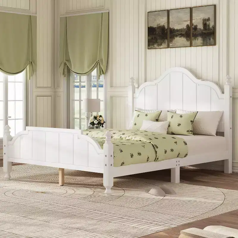 Vintage Queen Platform Bed Frame - Solid Pine, MDF Headboard, No Box Spring Needed