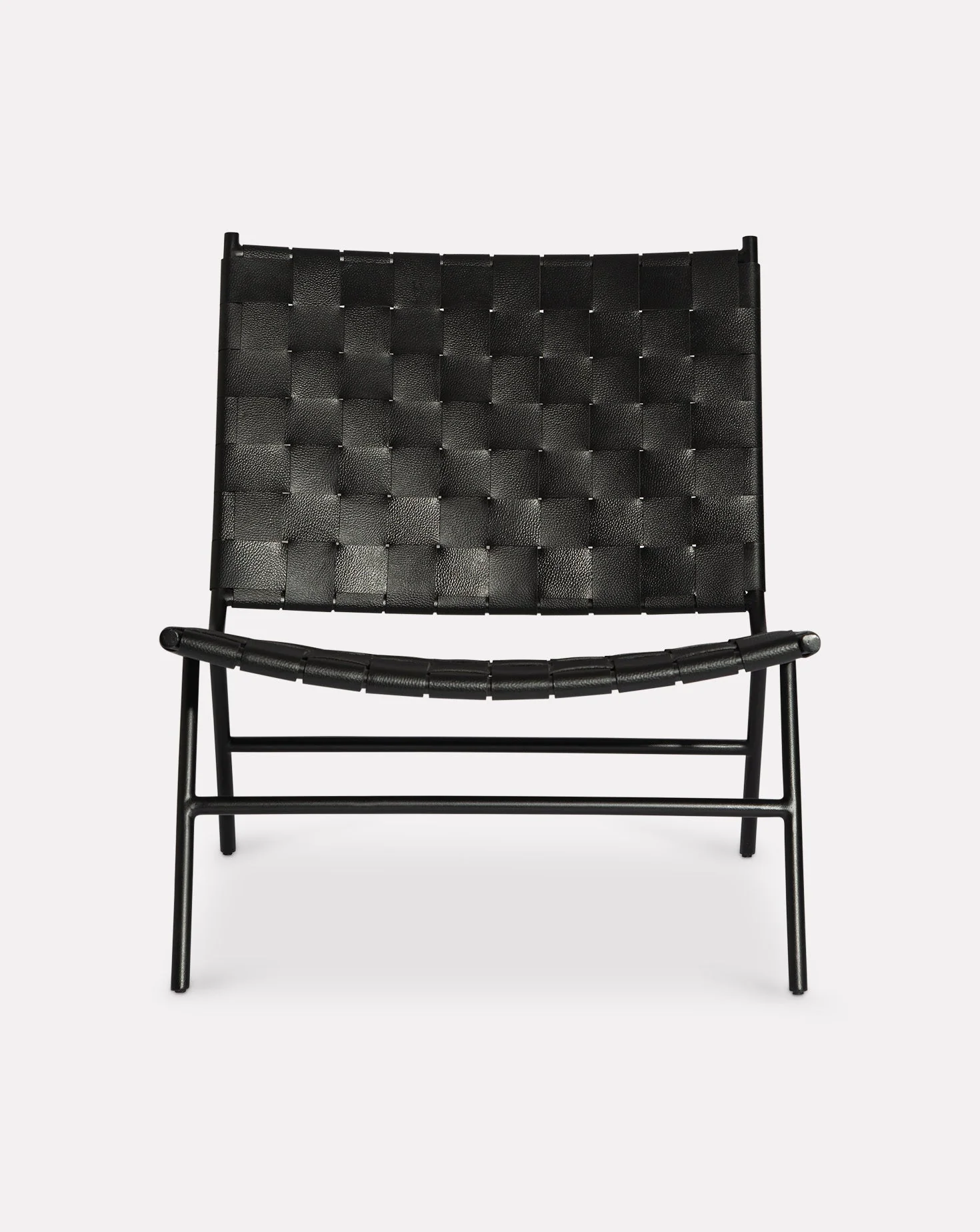 Black Leather Strap Woven Steel Frame Lounge Chair