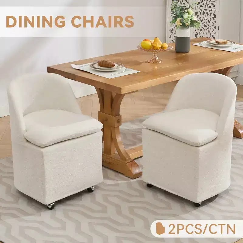 Chenille Turntable-Base Dining Chairs with Wheels, Set of 2  360 Rolling Barrel Chairs with Curved Backrest for Dining Room, Restaurant