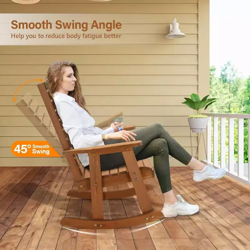 VINGLI Wooden Rocking Chair with High Backrest, Solid Fir Wood, Heavy Duty 600 LBS Patio Rockers for Indoor and Outdoor