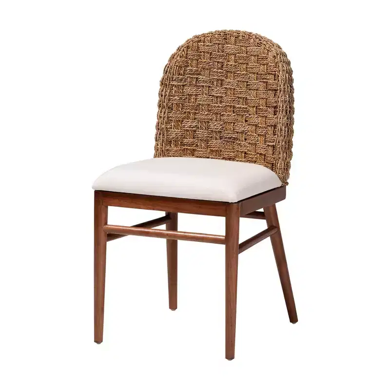 Denver Acacia Wood and Seagrass Dining Chair, White/Walnut Brown: Bohemian Style, Foam Padded