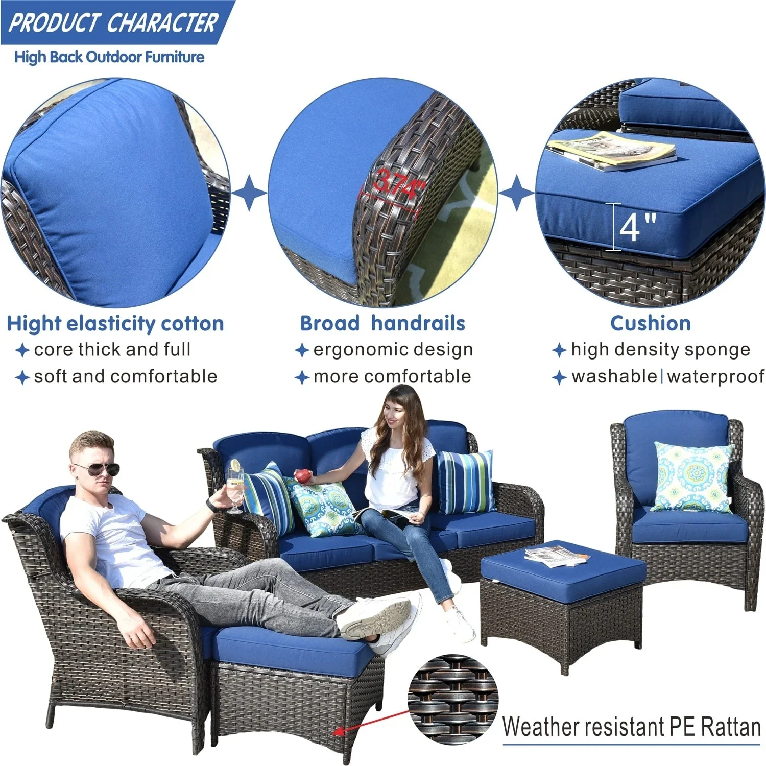 OVIOS 5-piece Patio Wicker High Back Conversation Set