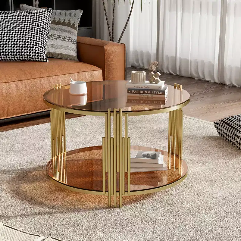 Glass Coffee Table with Dower Shelf, Modern Round Glass Center Table with Metal Frame for Living Room