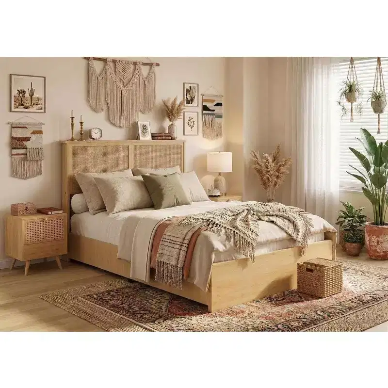 Coolmee Rattan Bed Frame with Natural Rattan Headboard,Bed Frame with LED Lights,Rattan Bed Frame with Headboard, Wood Foundation with Silent Slats