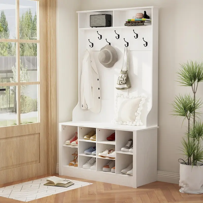 4-in-1 Hall Tree with Shoe Bench, White/Brown/Grey/Black, Seats 1