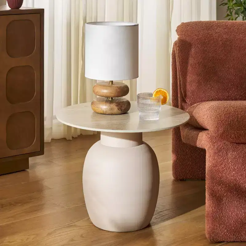 Round Ceramic Top Accent Side Table – Beige, Iron Frame