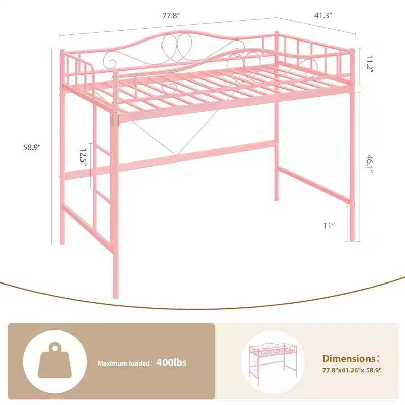 Single loft bed  Heavy-duty metal frame, removable ladder, full-length safety rails, 400 lbs weight capacity, no mattress base required