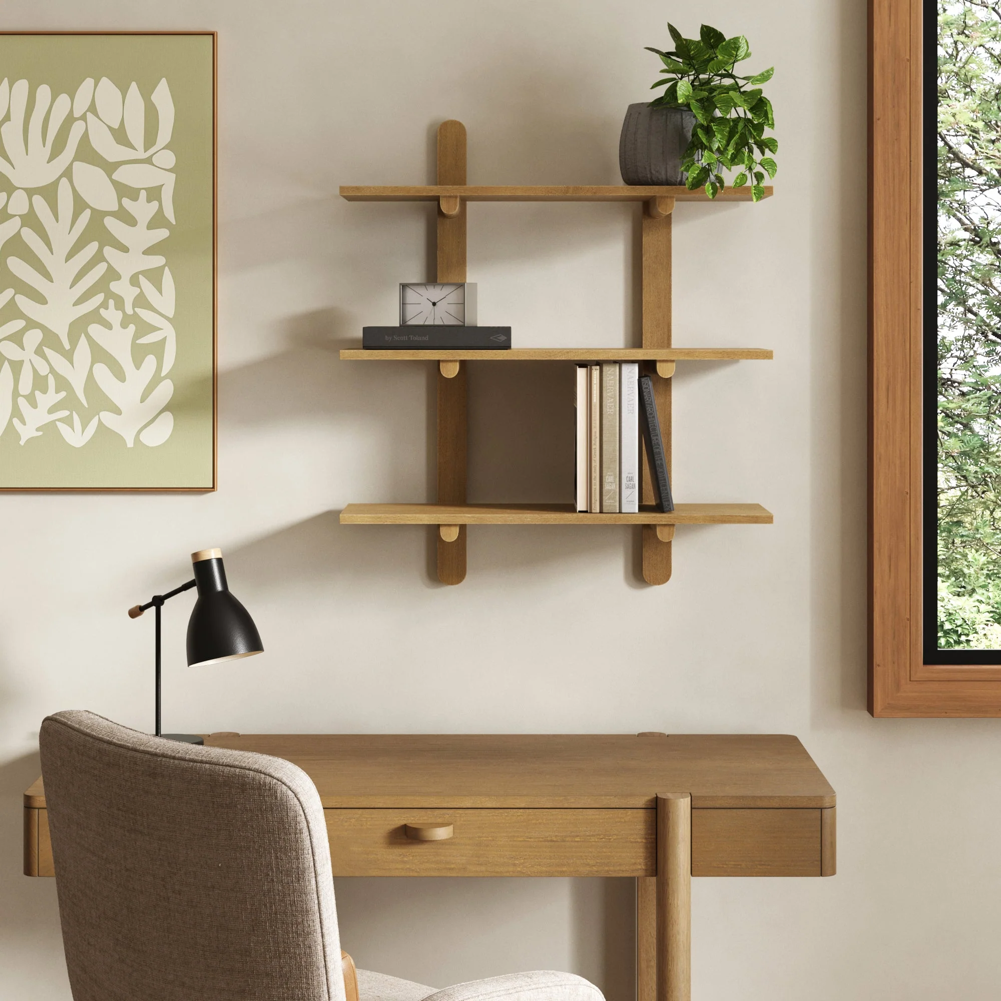 Mid Century Modern 3-Tier Wall Mounted Wood Shelf Light Brown