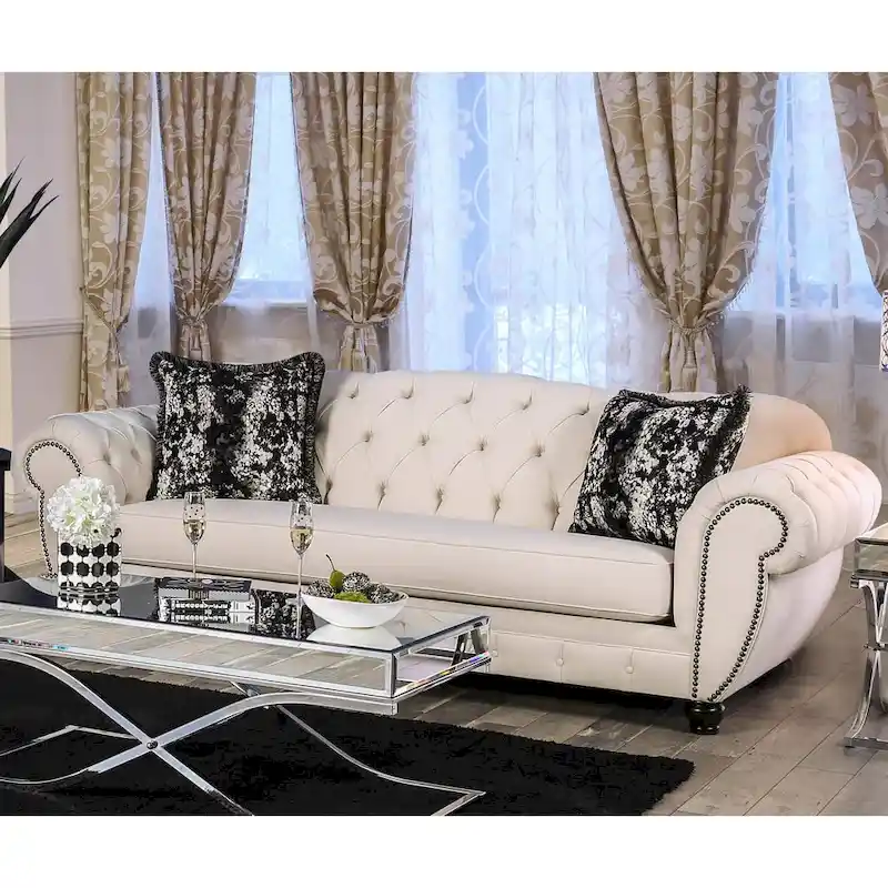 Cury Glam Beige Fabric Upholstered Tufted Nailhead Trim Sofa