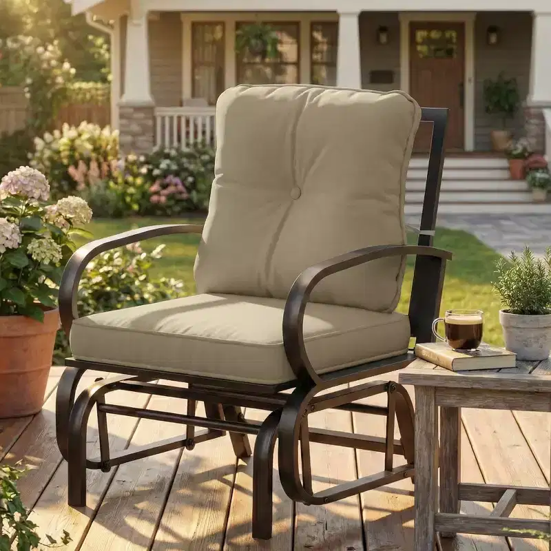Outsunny Outdoor Glider Chair, Patio Glider with Cushions, Steel Frame, Curved Armrests, Beige