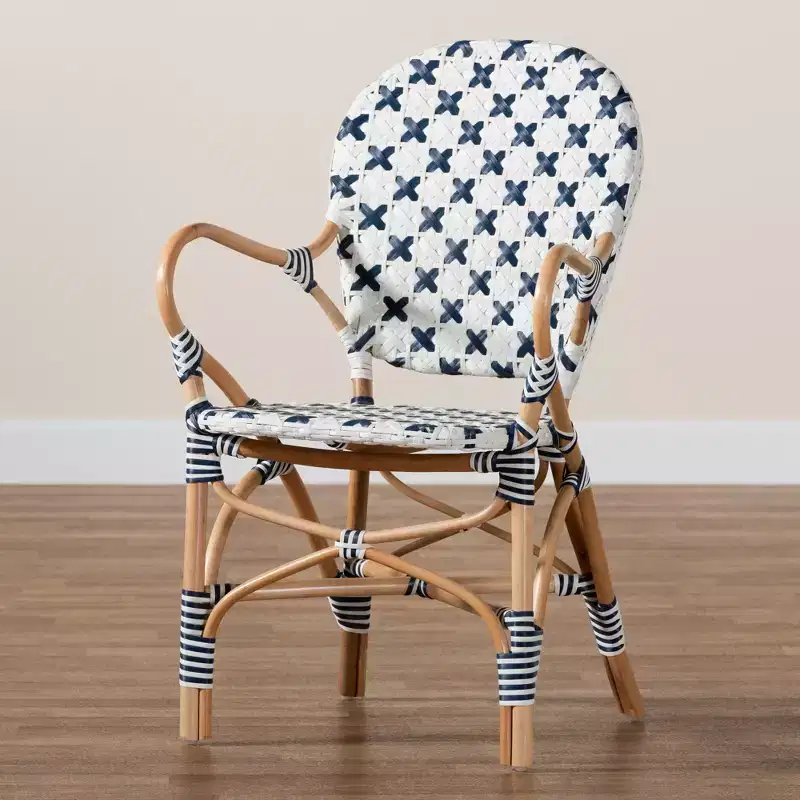 Bryson Modern French Blue and White Weaving and Natural Rattan Bistro Chair