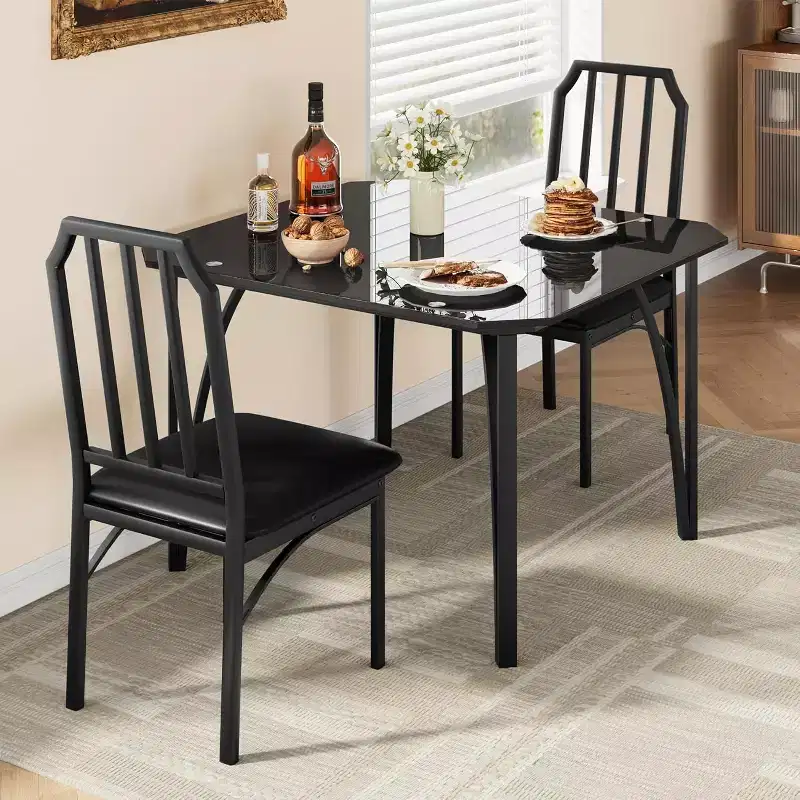 3-Piece Glass Dining Set for 2  Space-Saving Kitchen Table with Chamfered Edges & Upholstered Chairs, Apartment-Sized Table Set