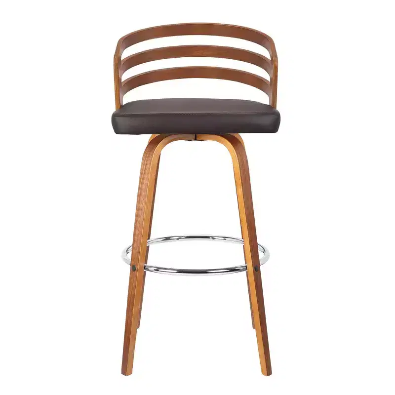30" Benj Mid-Century Swivel Height Barstool Brown - Armen Living: Walnut Frame, Faux Leather