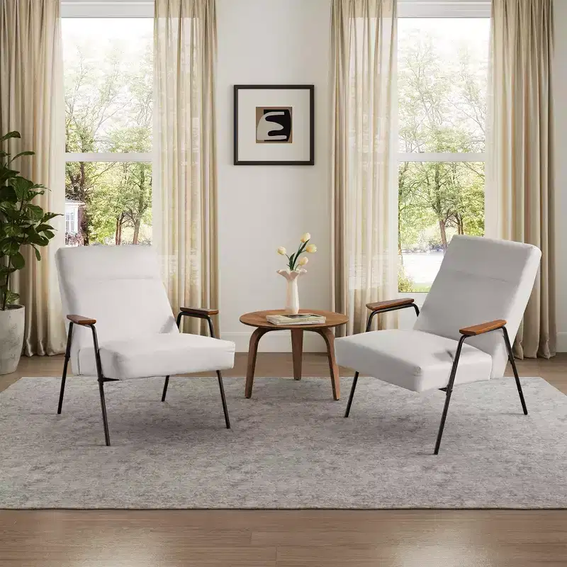 Upholstered Lounge Chair with Armrest, 120° Tilt & High-Density Foam Cushion, White Flannel