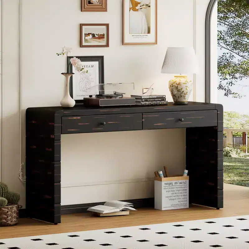 Wooden Entryway Table with 2 Drawers, Farmhouse Rustic Console Table with Storage