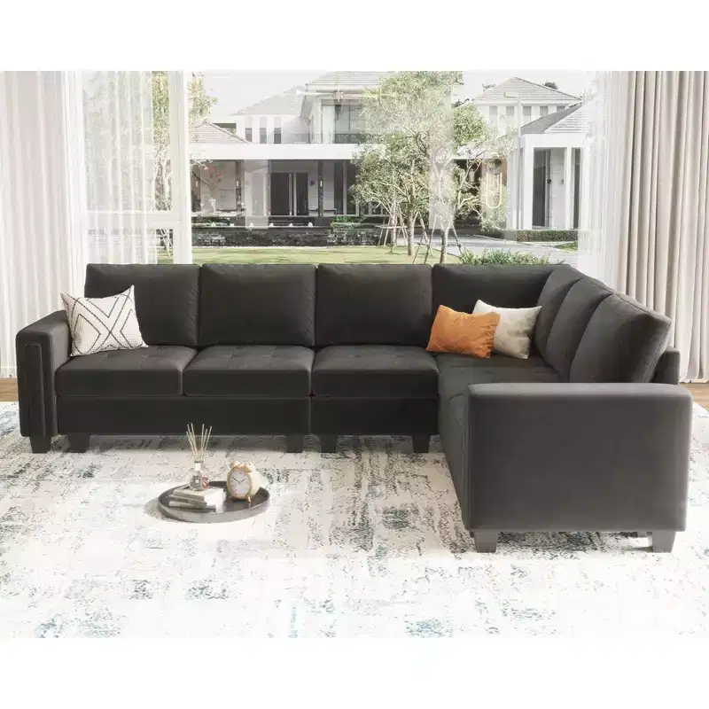 Belffin Modular Velvet Tufted L Shaped Sofa Couch with Storage Ottoman 6-Seater