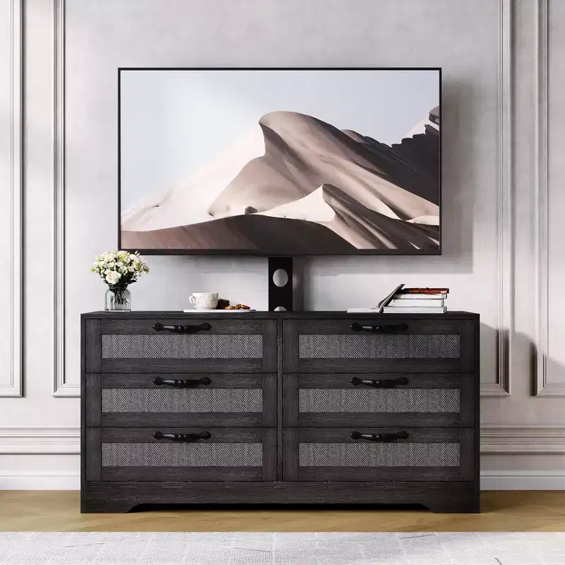 Wood & Rattan TV Stand with Mount 6-Drawer 47.2''W x 43.8''H x 15.7''D