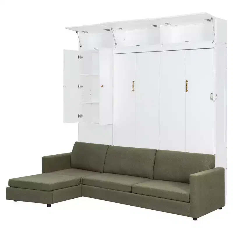 Queen Murphy Wall Bed with Beige Sofa and Shelves, Green Panel