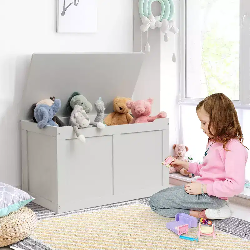 Costway Wooden Toy Box Kids Storage Chest Bench W/ Flip-Top Lid & Safety Hinge