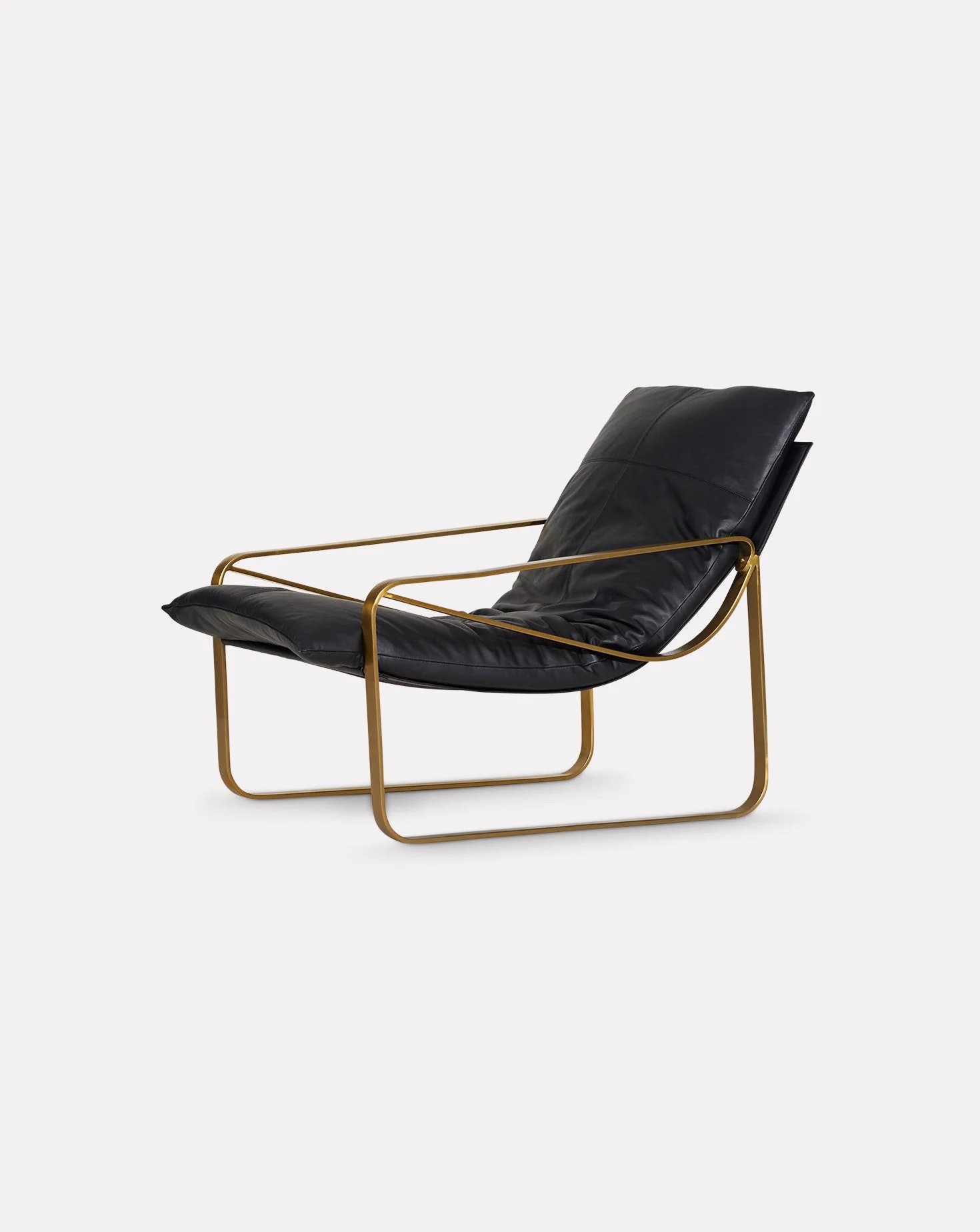 Brass-Finish Steel Frame Leather Seat Mid-Century Lounge Chair