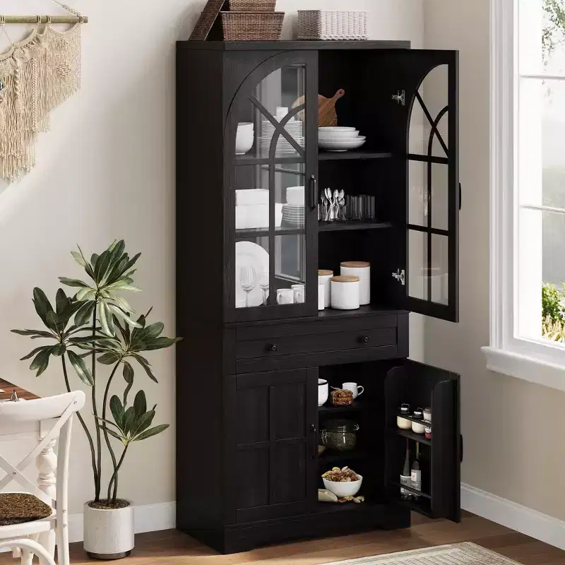 Farmhouse 72 Tall Kitchen Pantry Cabinet with Arched Glass Doors & Adjustable Shelves