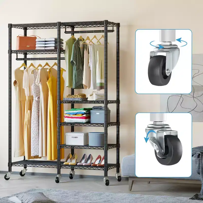 Rolling Garment Rack Heavy Duty Clothes Rack with Double Rods and Lockable Wheels