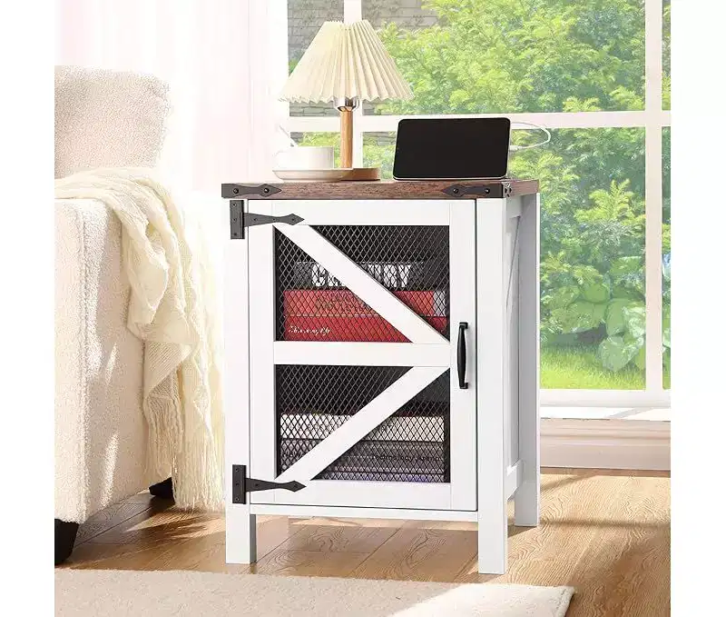 Rustic White Farmhouse Side Table with Barn Door, Space-Saving Wooden Table with Charging Station and Storage for Bedroom and Living Room