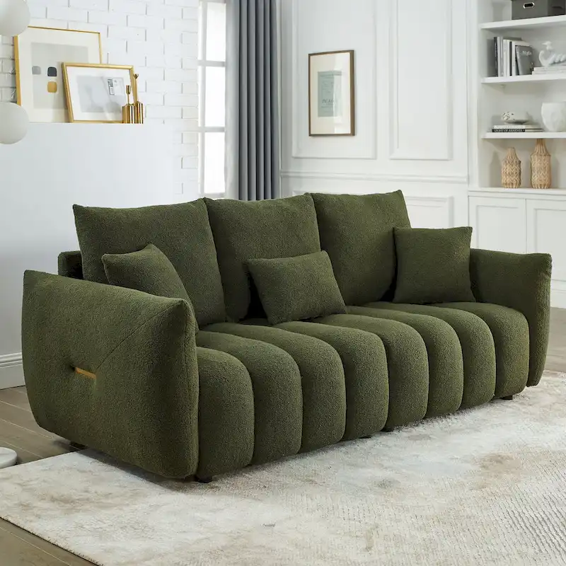 3-Seater Teddy Velvet Sofa with Back Pillows & Solid Wood Frame | 82