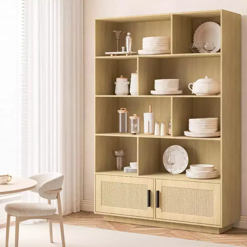 Five-layer wooden bookcase, storage cabinet with rattan door, modern style bookshelf, suitable for living room, bedroom and study