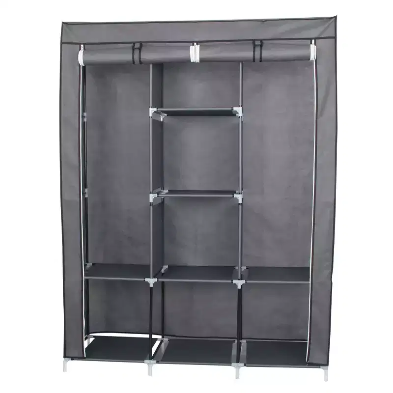 Portable Wardrobe Closet Organizer with Cover, 8 Shelves & 2 Hanging Rods, Grey