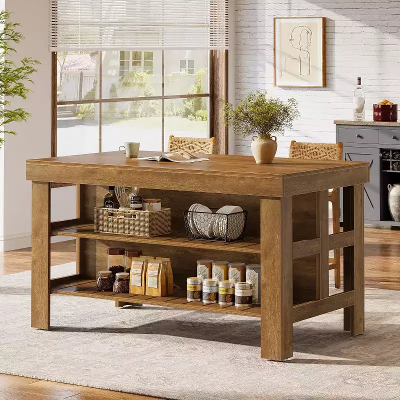 Lantine Kitchen Island with Storage and Seating, Farmhouse Large Stationary Wood Island Table for Kitchen Dining Room (All Brown)