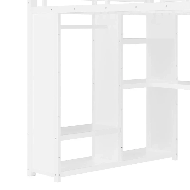 Queen Loft Bed - Built-in Wardrobe & Desk, Metal Frame with Shelves