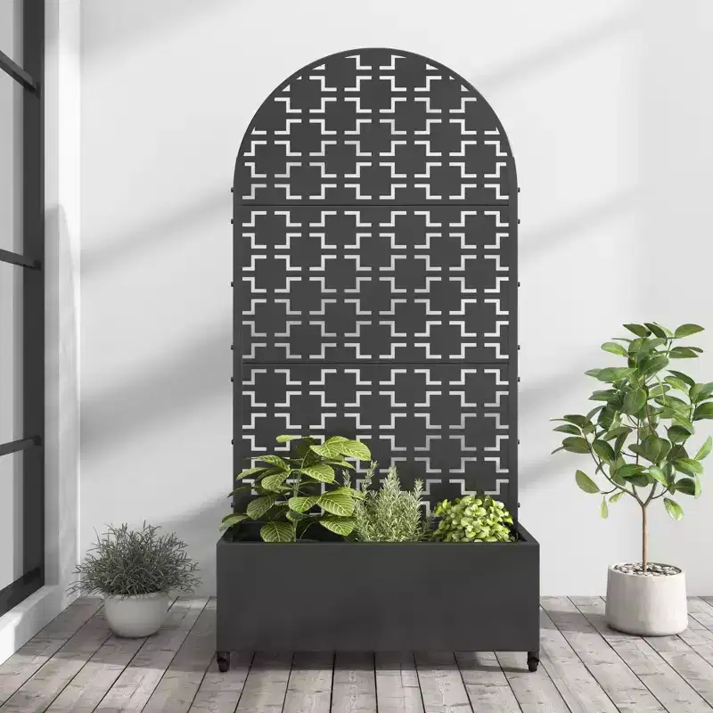 MAYEERTY Planter Box with Trellis Iron Black Arch Square 01 Style 72x35x16in 3-Piece Set