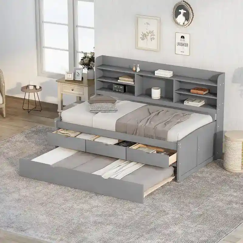 Twin Captain Bed with Bookcase Headboard, 3 Drawers & Trundle – Gray / White / Antique Gray, Pine & MDF, Single