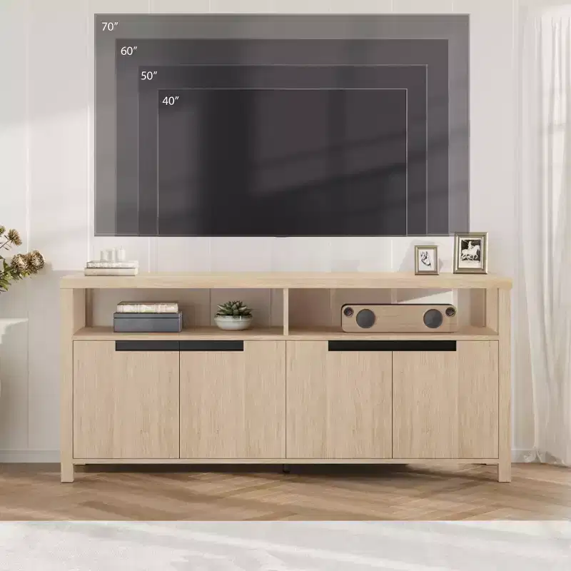 TV Stand for TVs Up to 70 Inch, White Long Entertainment Center with 4 Door and Open Shelf Storage, Rustic Brown Television Consoles Stands